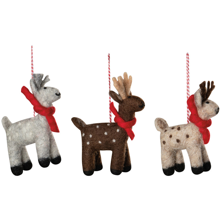 Artic Deer Felt Christmas Tree Ornaments - 3 Assorted Styles