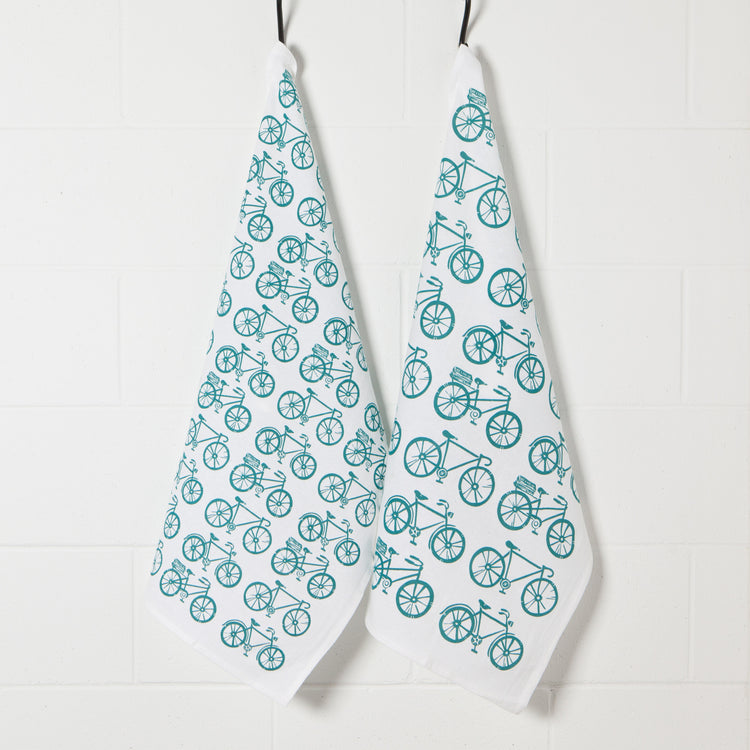 Bicycle Print Peacock Green Floursack Dishtowels Set of 2