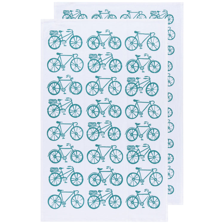 Bicycle Print Peacock Green Floursack Dishtowels Set of 2