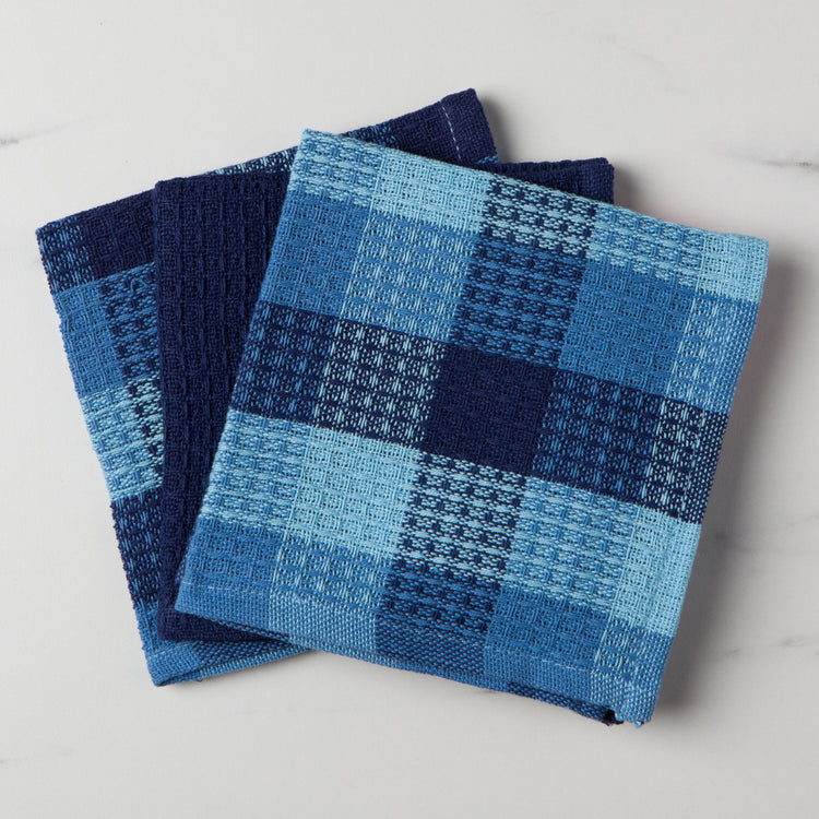 Check Indigo Waffle Dishcloths Set of 3