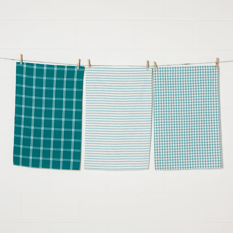 Tic Tac Toe Peacock Green Dishtowels Set of 3