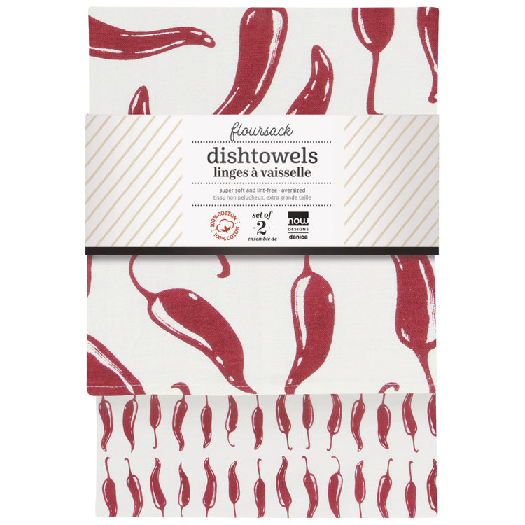 Chili Print Carmine Red Floursack Dishtowels Set of 2