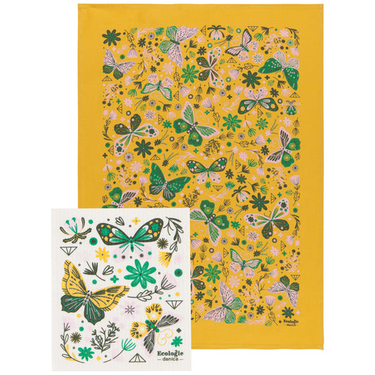 Floral and Flutter Dishtowel and Swedish Sponge Cloth Set of 2