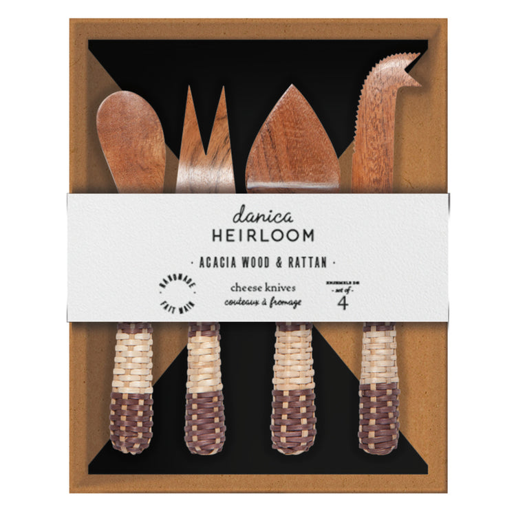 Rattan Acacia Wood Cheese Knives Set of 4