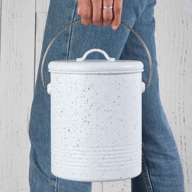 Compost Metal Bin White Speckled Gray 1.25 Gallon