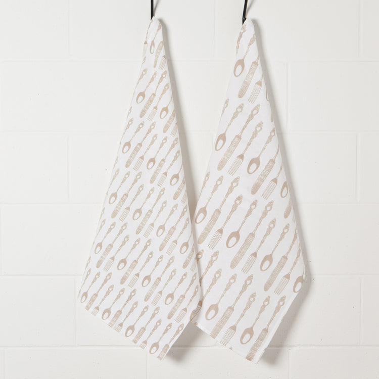 Cutlery Print Sandstone Floursack Dishtowels Set of 2
