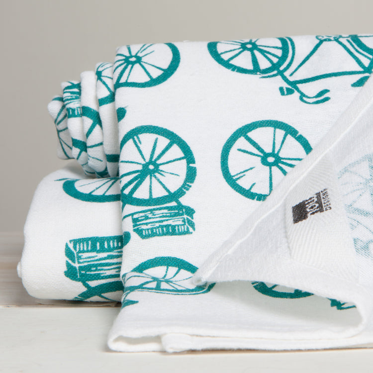Bicycle Print Peacock Green Floursack Dishtowels Set of 2