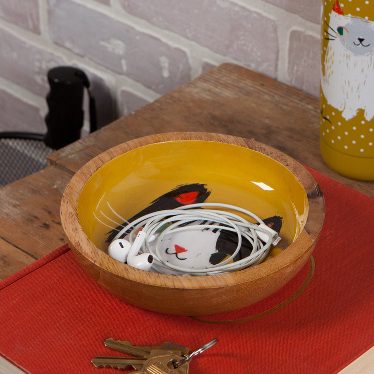 Meow Meow Mango Wood Shallow Bowl