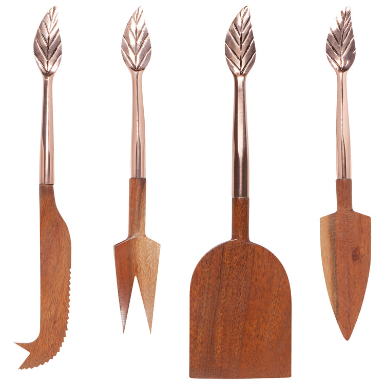 Rose Gold Etch Leaf Acacia Wood Cheese Knives Set of 4