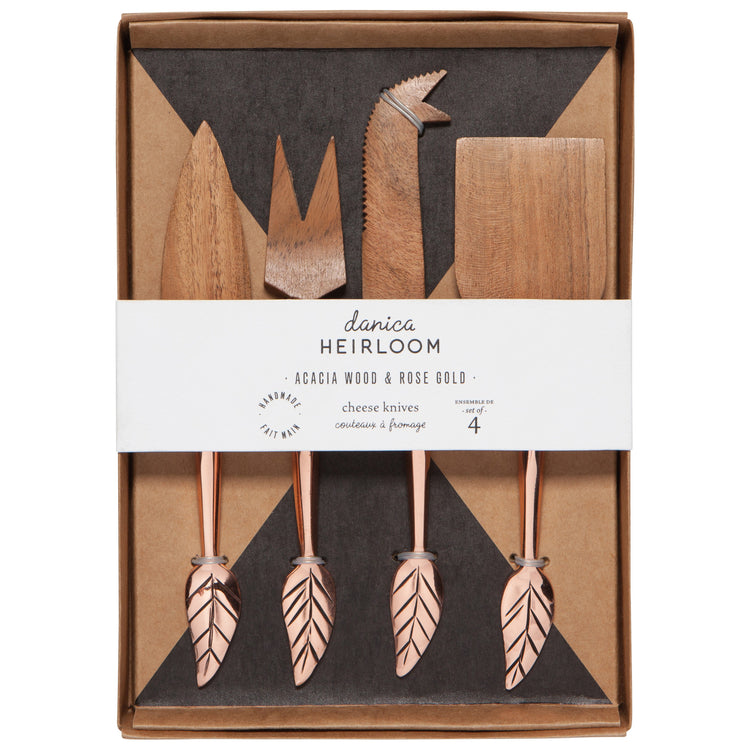 Rose Gold Etch Leaf Acacia Wood Cheese Knives Set of 4