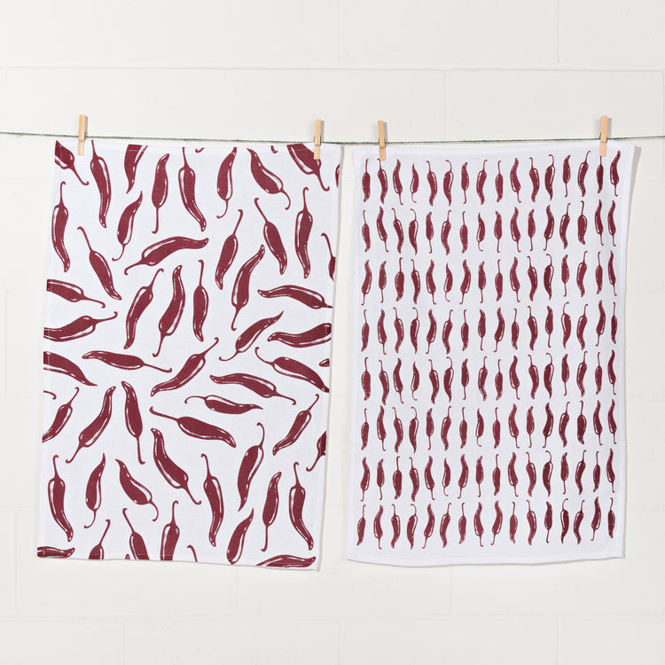 Chili Print Carmine Red Floursack Dishtowels Set of 2