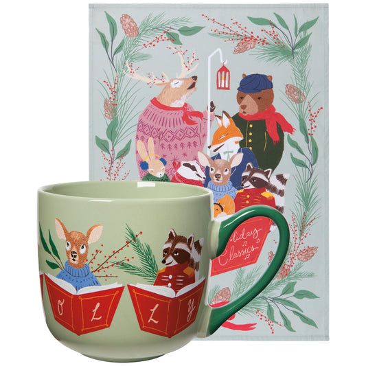 Woodland Carolers Christmas Mug and Dishtowel Set