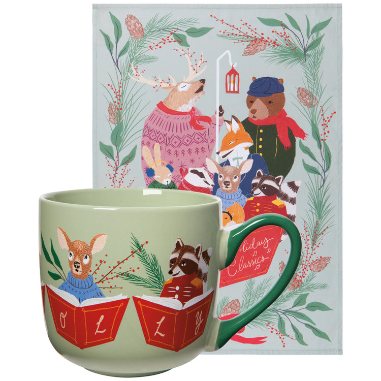 Woodland Carolers Christmas Mug and Dishtowel Set
