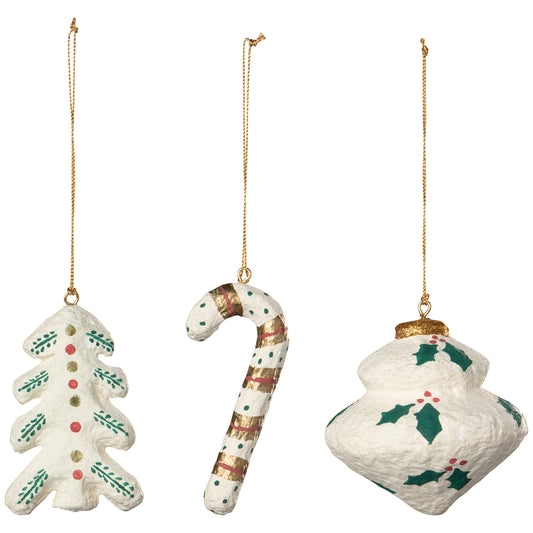Yuletide Mache Christmas Tree Ornaments - 3 Assorted Styles
