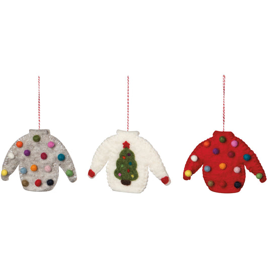 Ugly Xmas Sweater Felt Christmas Tree Ornaments - 3 Assorted Styles