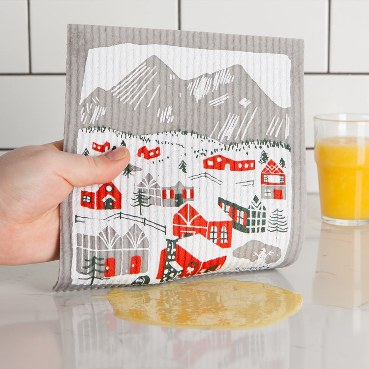 Snowy Village Swedish Dishcloth