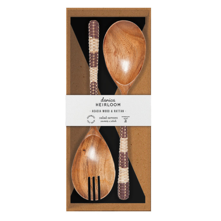 Rattan Acacia Wood Salad Servers Set of 2