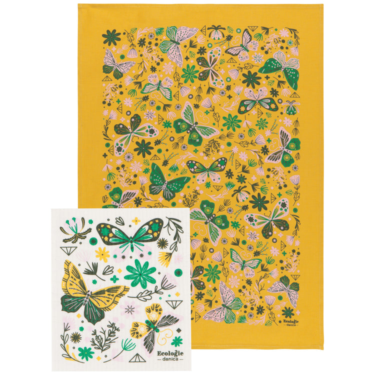 Floral and Flutter Dishtowel and Swedish Sponge Cloth Set of 2