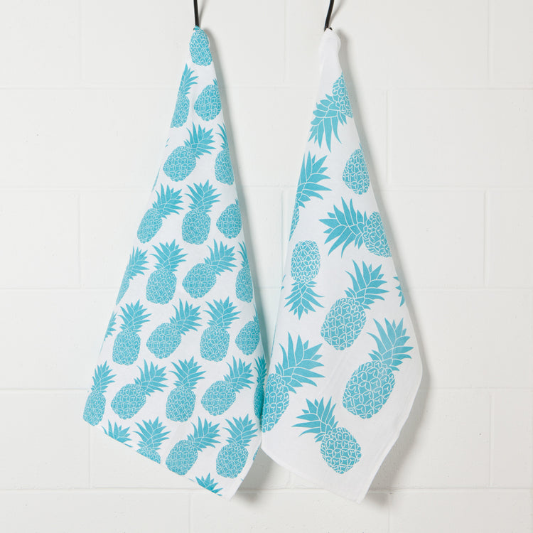 Pineapple Print Bali Blue Floursack Dishtowel Set of 2