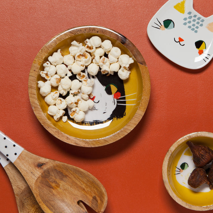 Meow Meow Mango Wood Shallow Bowl