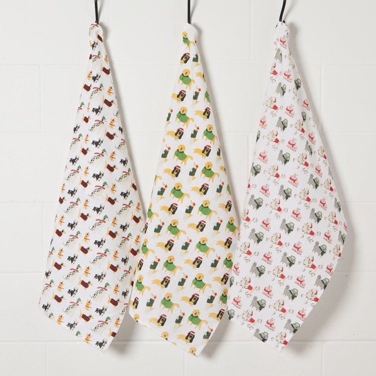 Yule Dogs Bakers Floursack Dishtowels Set of 3